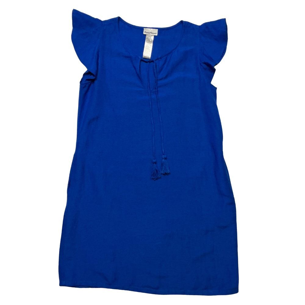 Tommy Bahama Shift Dress Womens XS Linen-Blend Pockets Flutter Sleeve Royal Blue